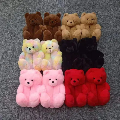 Разноцветные пушистые женские тапочки с медвежонком Тедди подходящего размера